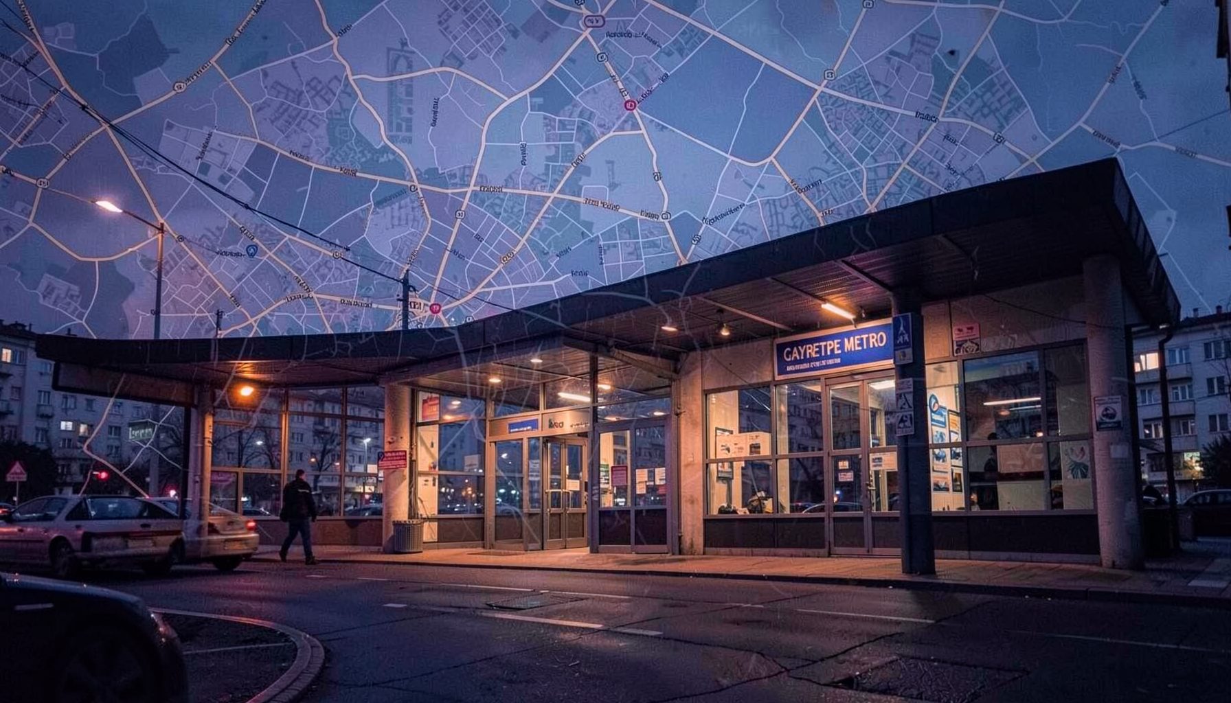 Gayrettepe Metro İstasyonu çevresini gösteren atmosferik bir İstanbul şehir haritası dokusu; lacivert ve çelik mavisi tonlarında, modern ve davetkâr bir kentsel doku.