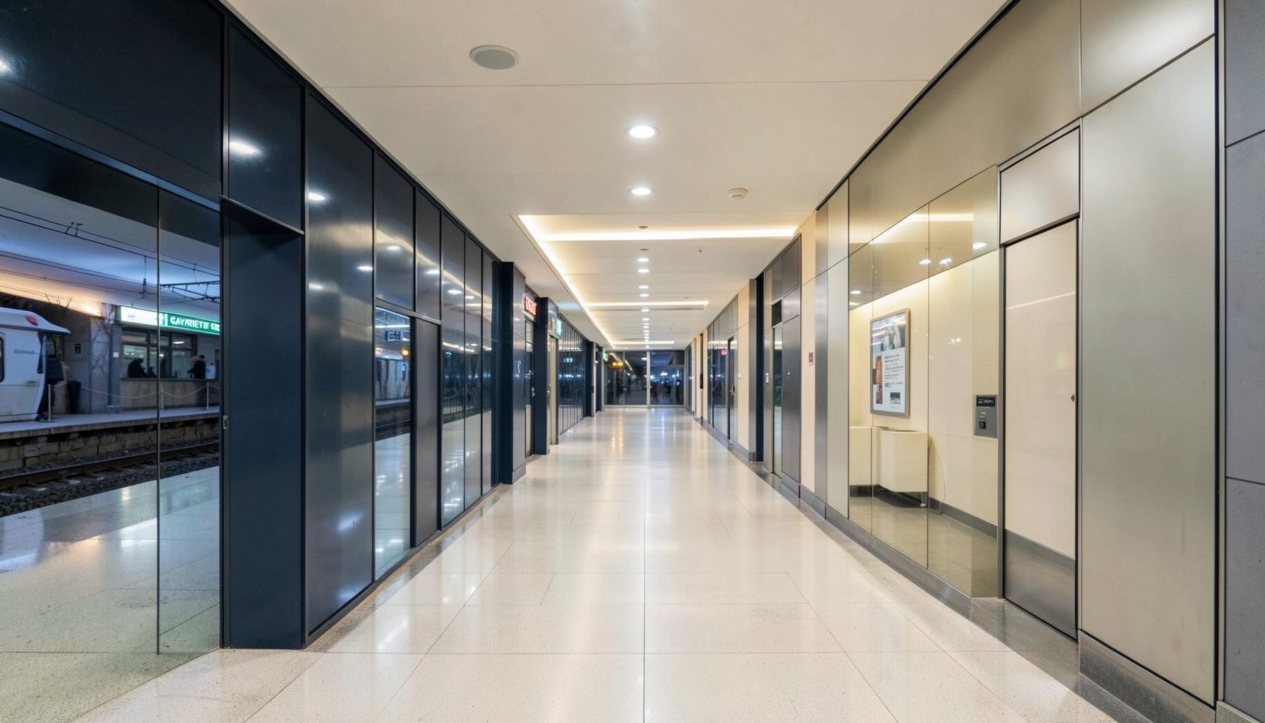 Gayrettepe Metro İstasyonu'nun modern iç mekânı, geniş koridorlar ve yumuşak aydınlatma; çelik mavisi ve krem tonlarında ferah bir atmosfer.