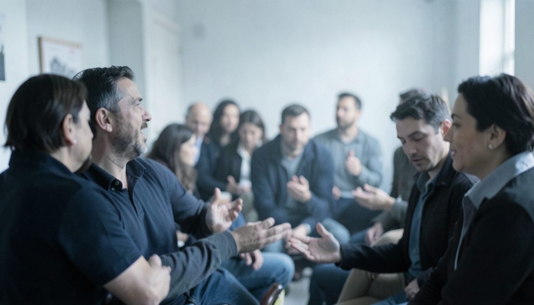 Loş bir ortamda, yumuşak mavi ve gri tonların hakim olduğu, bir grup insanın sessizce jest ve mimiklerle iletişim kurduğu sakin bir an